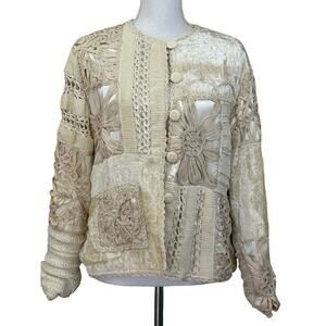 Cream multi media patchwork Jacket,  medium, pastel, romantic, renaissance